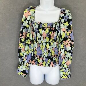Free People Top Womens Sz S Crop Smocked Square Neck Floral‎ Puff Sleeve Boho